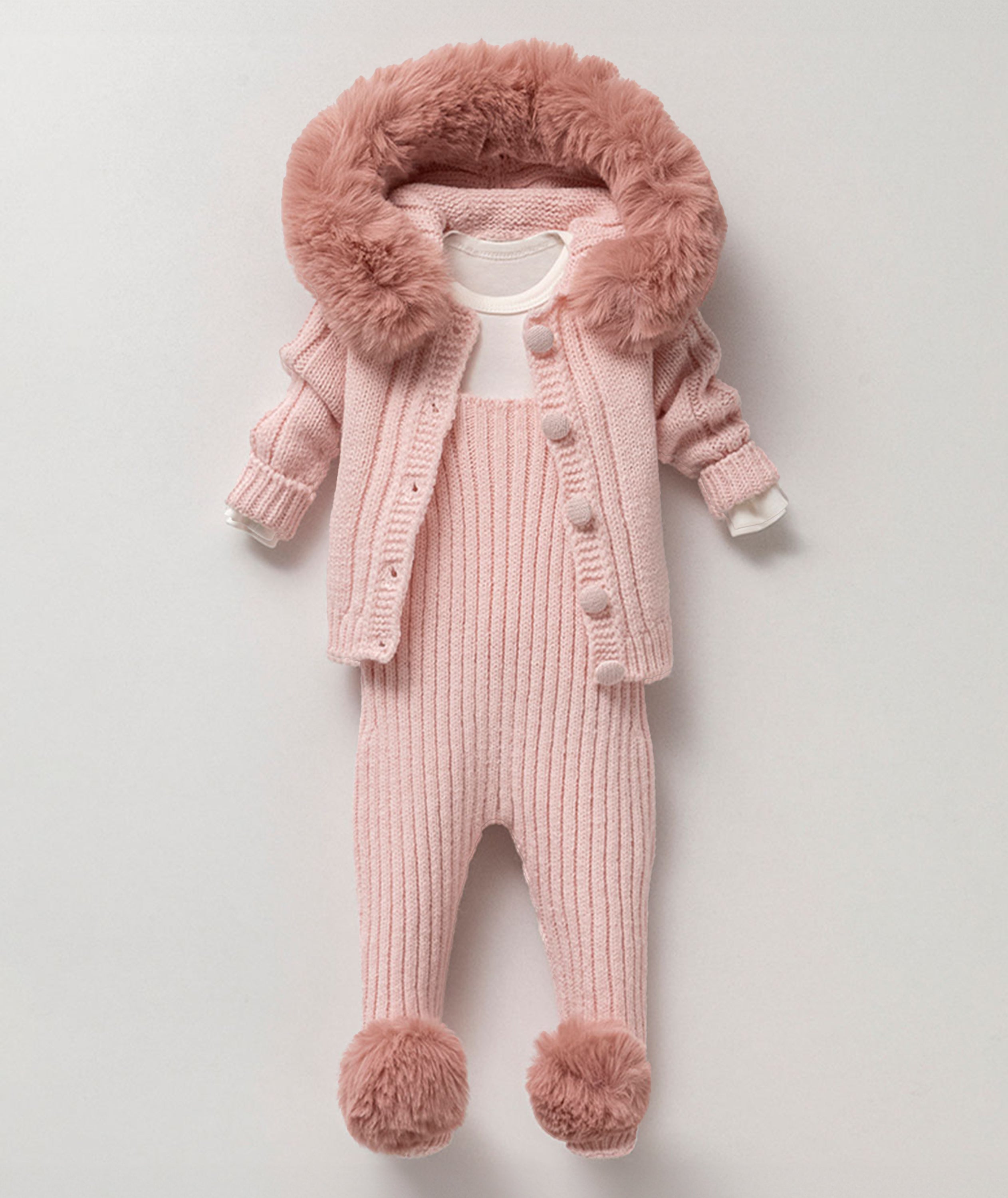 Blush Fur Hood Knit Baby Set | 3 Pieces