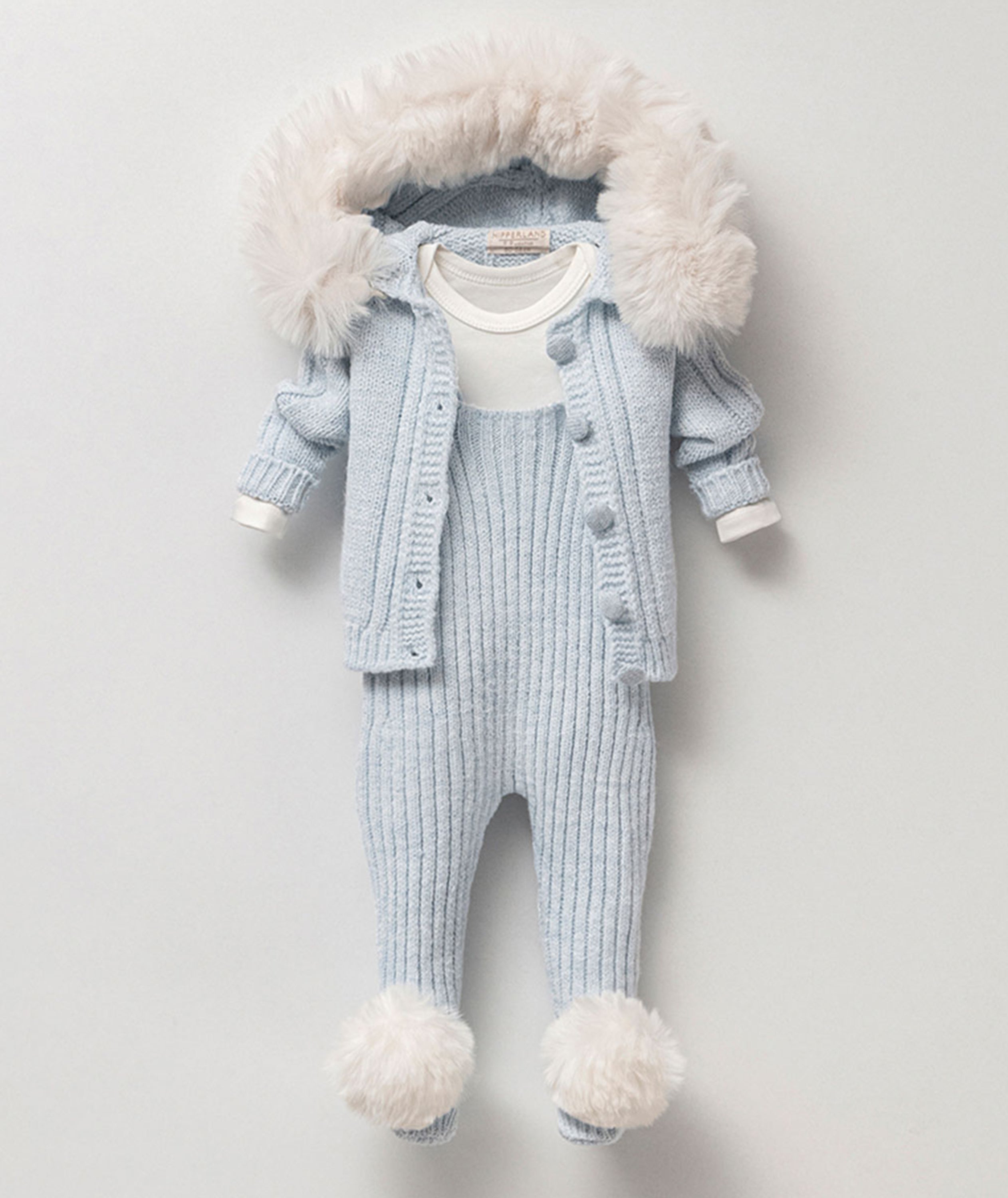 Sky Fur Hood Knit Baby Set | 3 Pieces