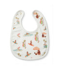 Baby bib with bear and umbrella pattern on a white background