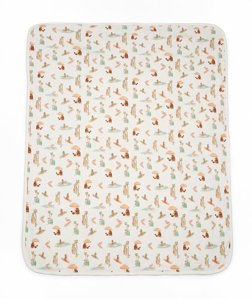 Patterned blanket with animal illustrations on a white background