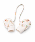 Pair of baby mittens with a strap on a white background