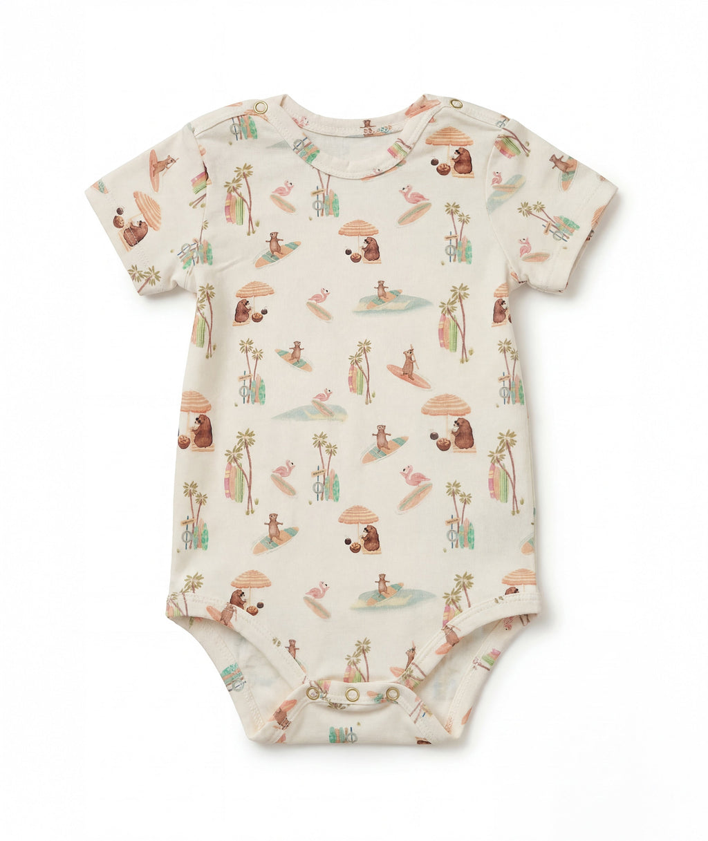 Casa Marisol Beach baby bodysuit with surfing animals palm trees and surfboards California inspired newborn outfit