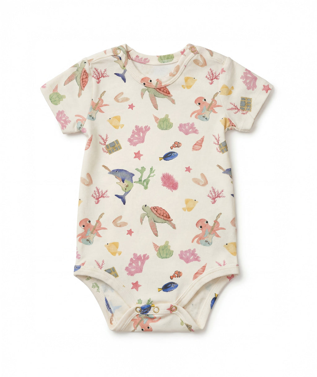 Casa Marisol Ocean baby bodysuit with turtles octopus tropical fish and coral underwater illustrated newborn outfit