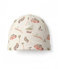 Beanie with seal and palm tree pattern on a white background