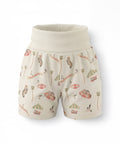 Shorts with a nature-themed print on a white background