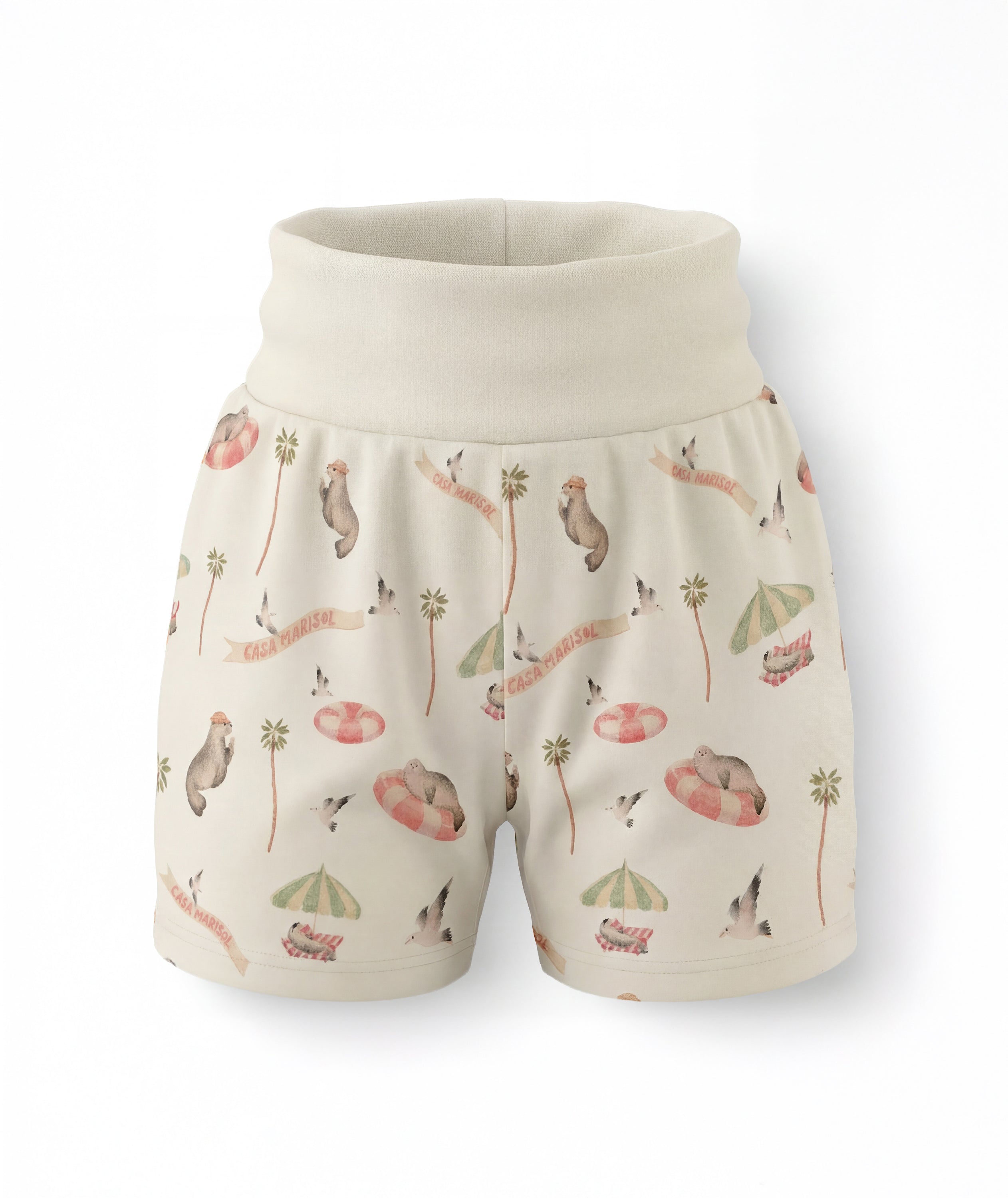 Shorts with a nature-themed print on a white background