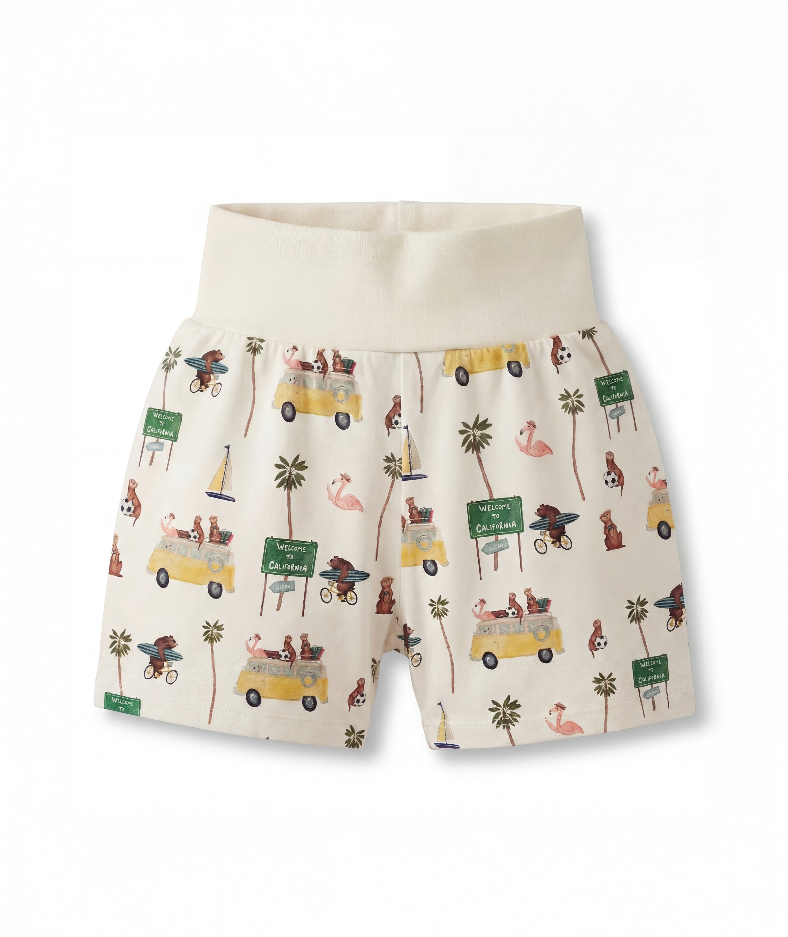 Shorts with a tropical pattern featuring cars, palm trees, and flamingos on a white background.