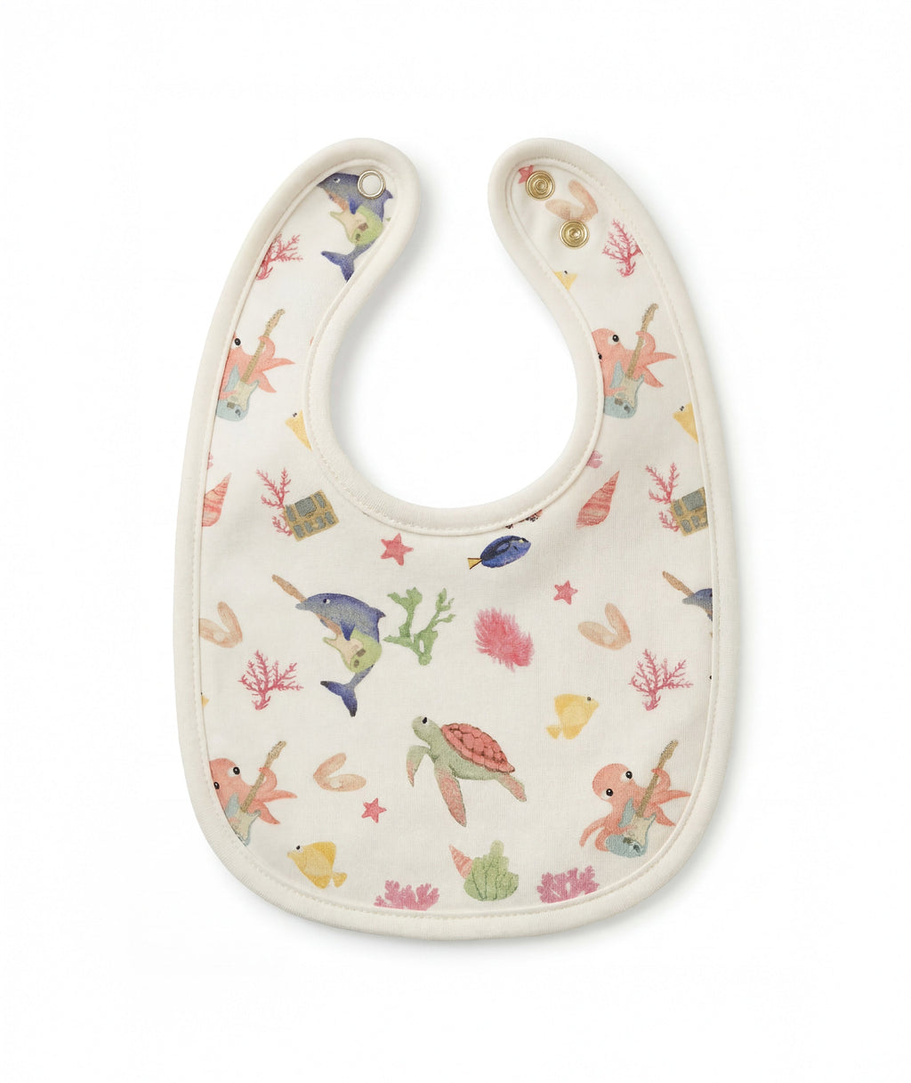 Baby bib with underwater animal pattern on a white background