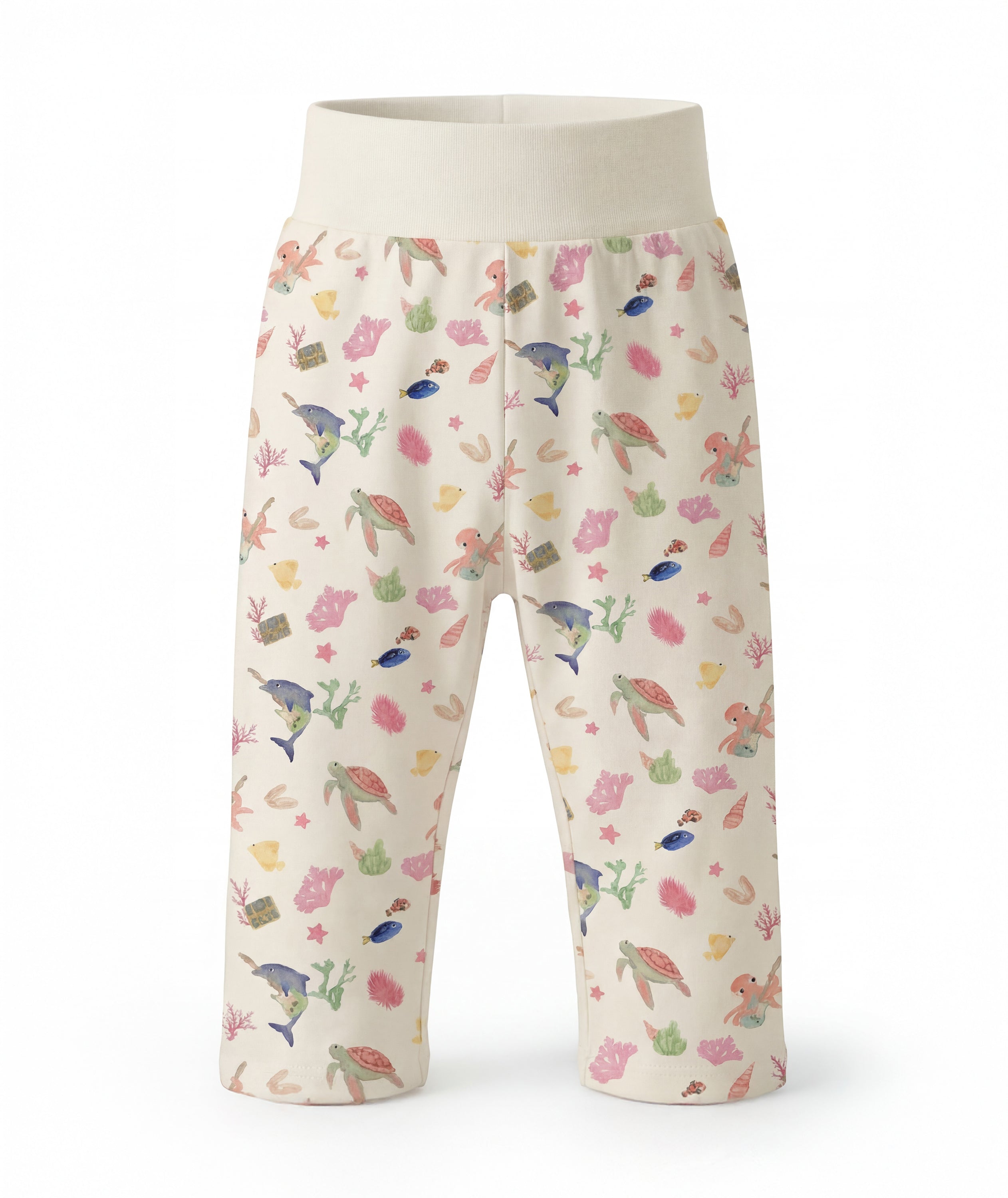 Children's pants with a colorful sea-themed pattern on a white background