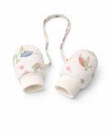 Pair of baby mittens with floral design on a white background