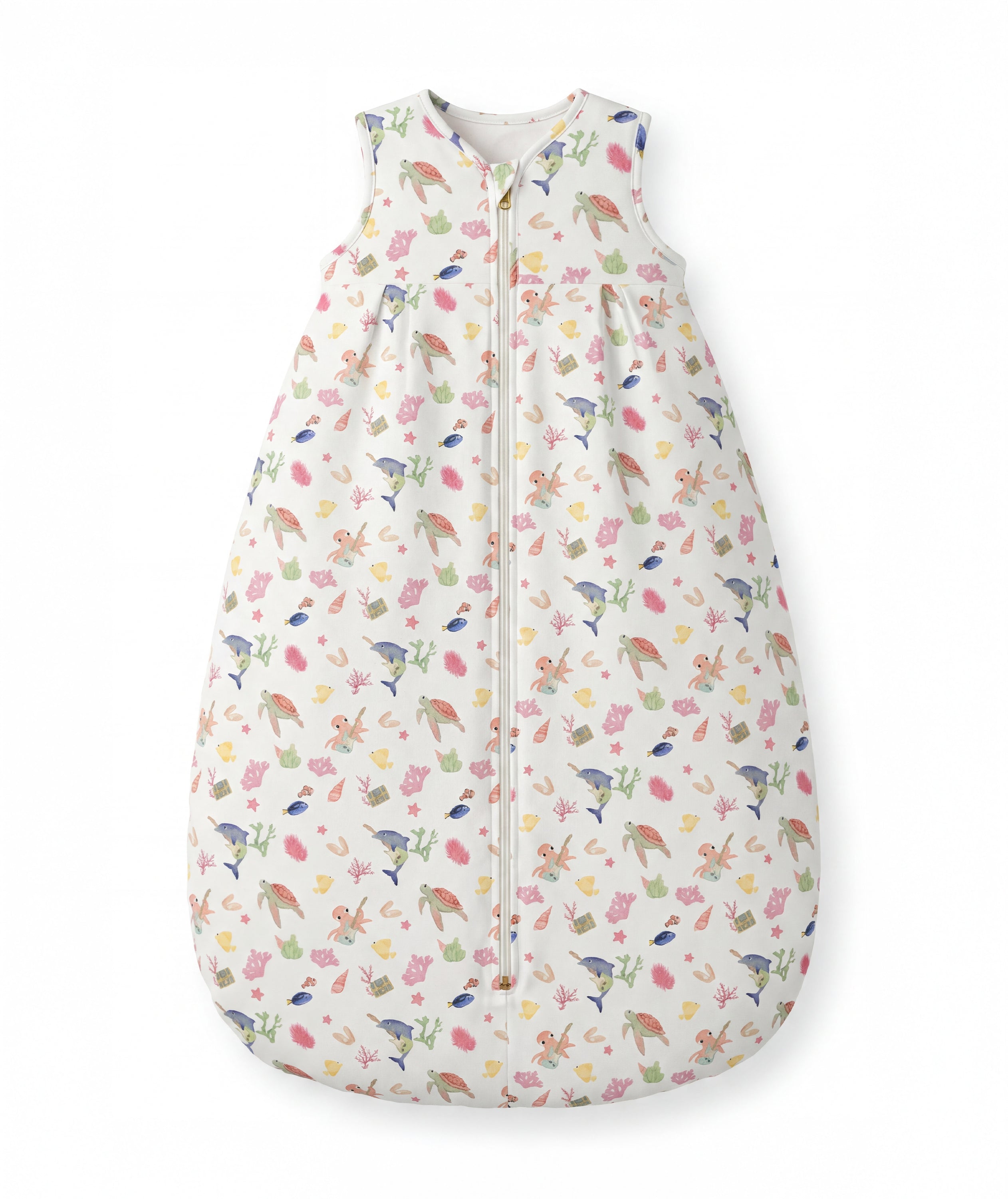 Children's sleeping bag with colorful animal pattern on a white background