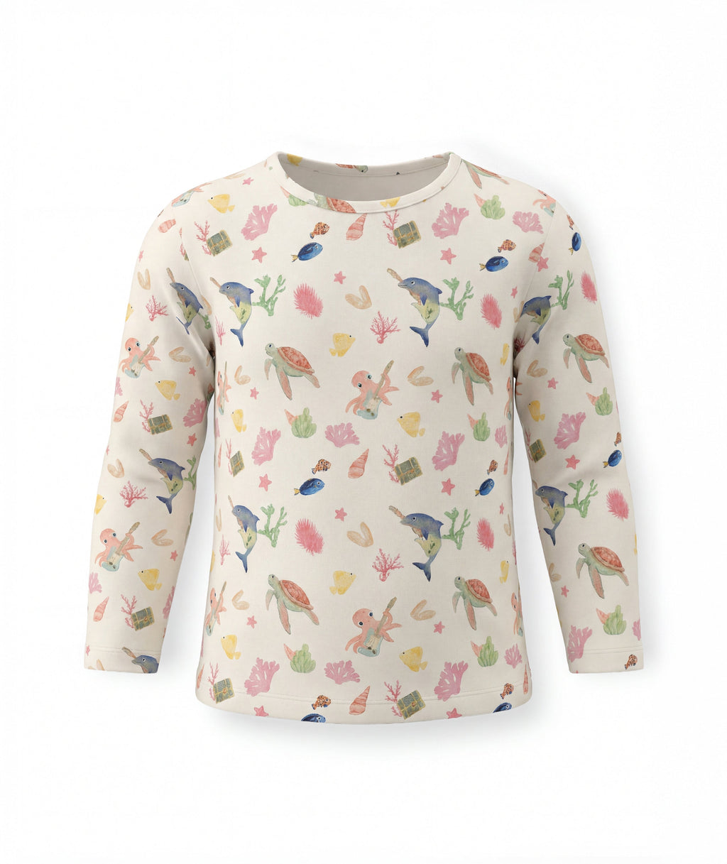 Children's long-sleeve shirt with colorful sea-themed pattern on a white background