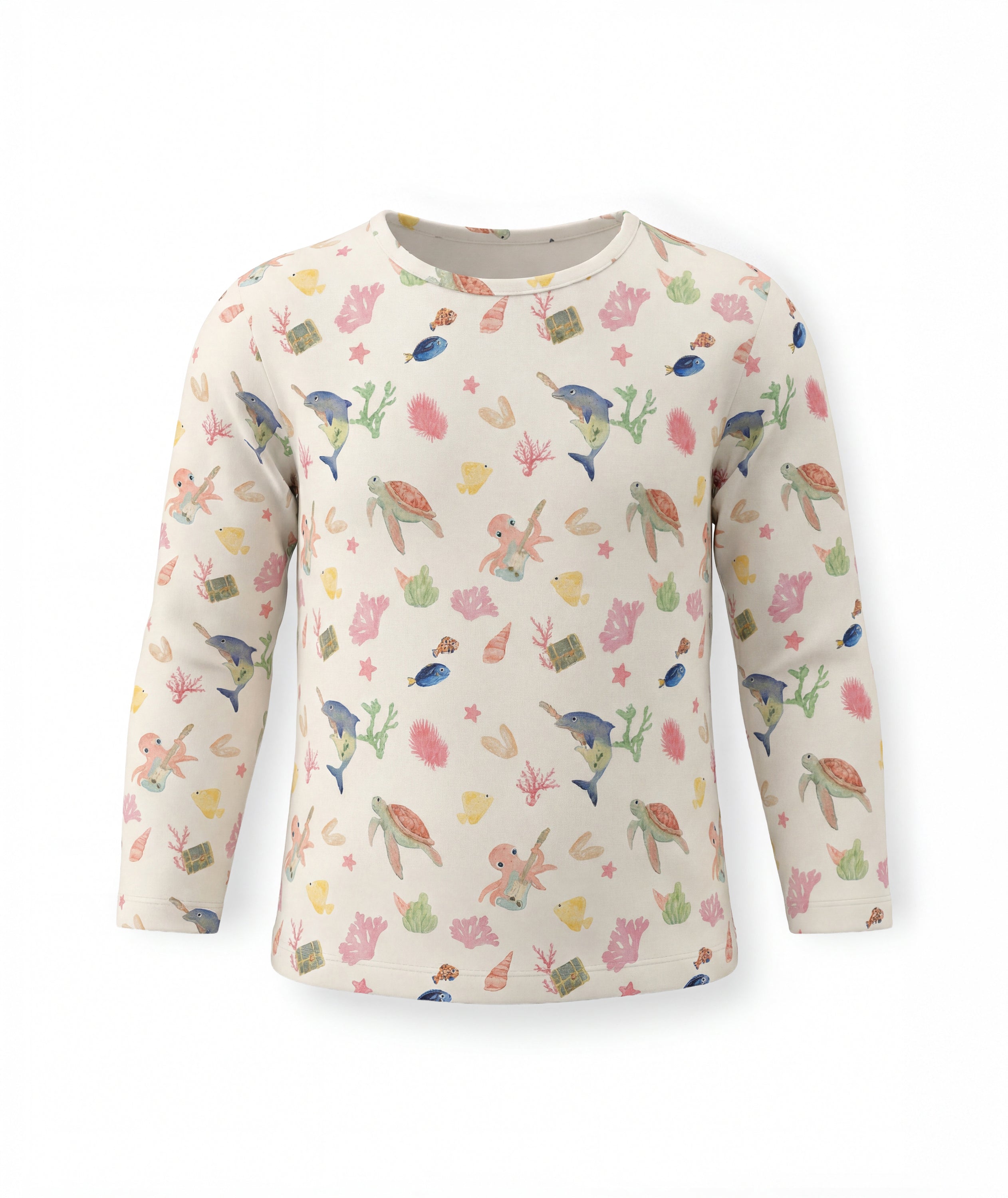 Children's long-sleeve shirt with colorful sea-themed pattern on a white background