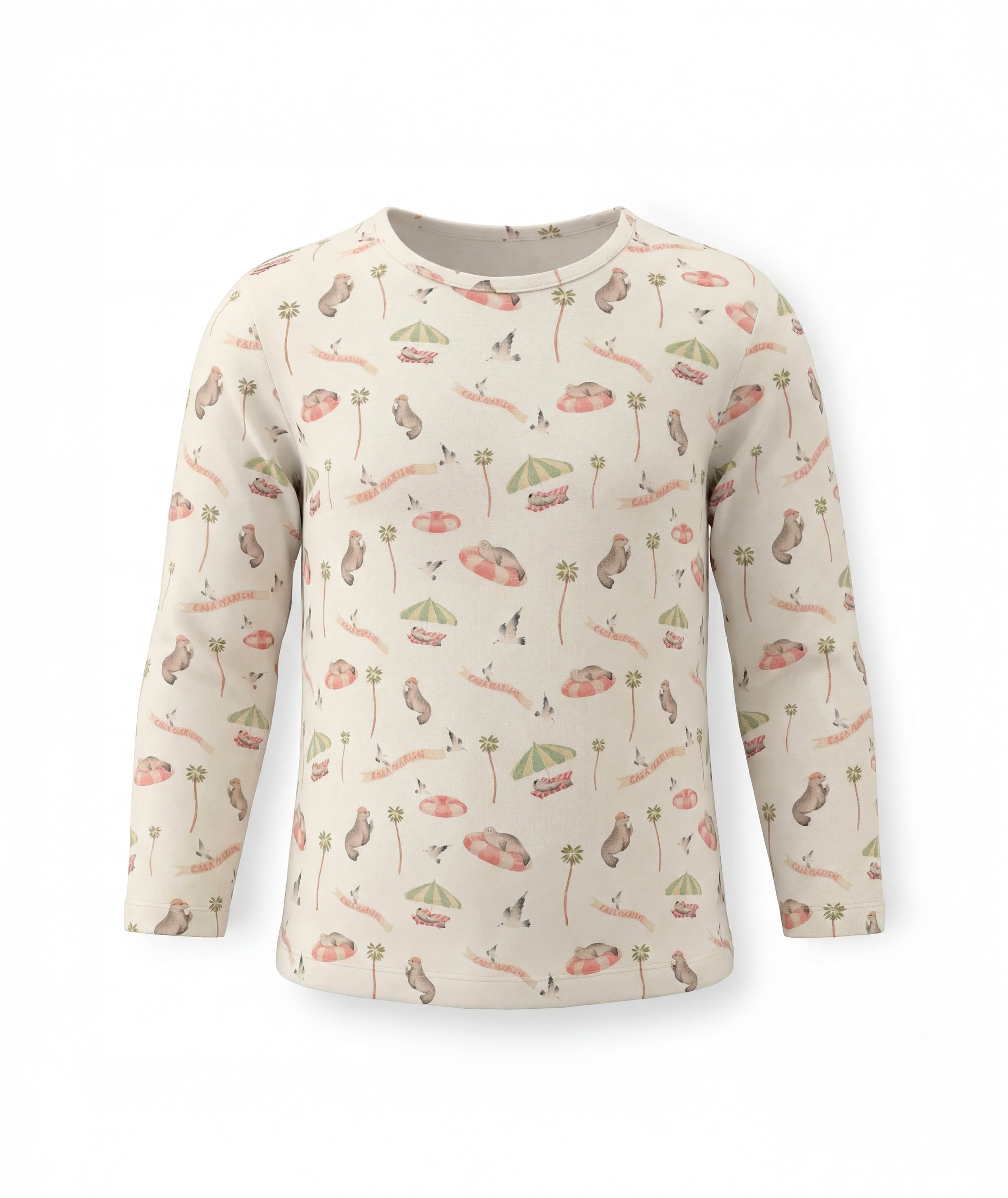 Long-sleeve shirt with nature-themed pattern on a white background
