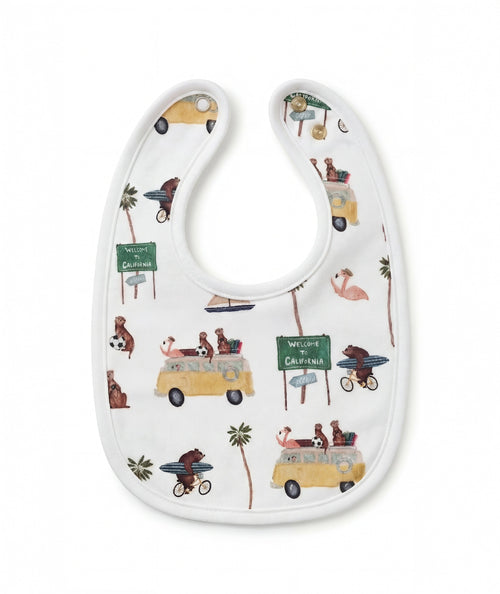 Baby bib with cartoon designs on a white background