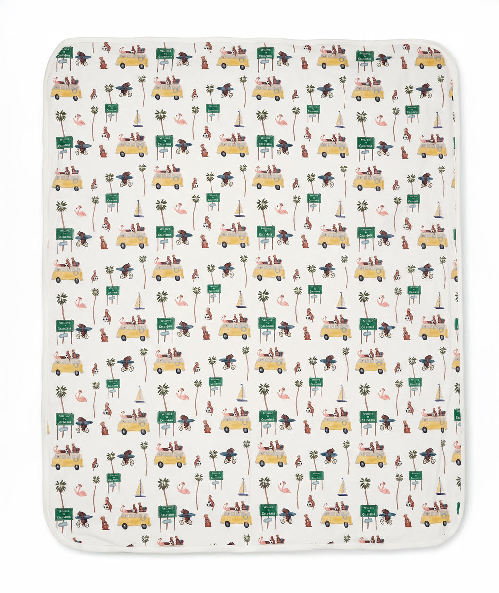 Patterned blanket with vehicles and nature elements on a white background