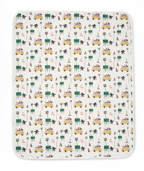 Patterned blanket with vehicles and nature elements on a white background