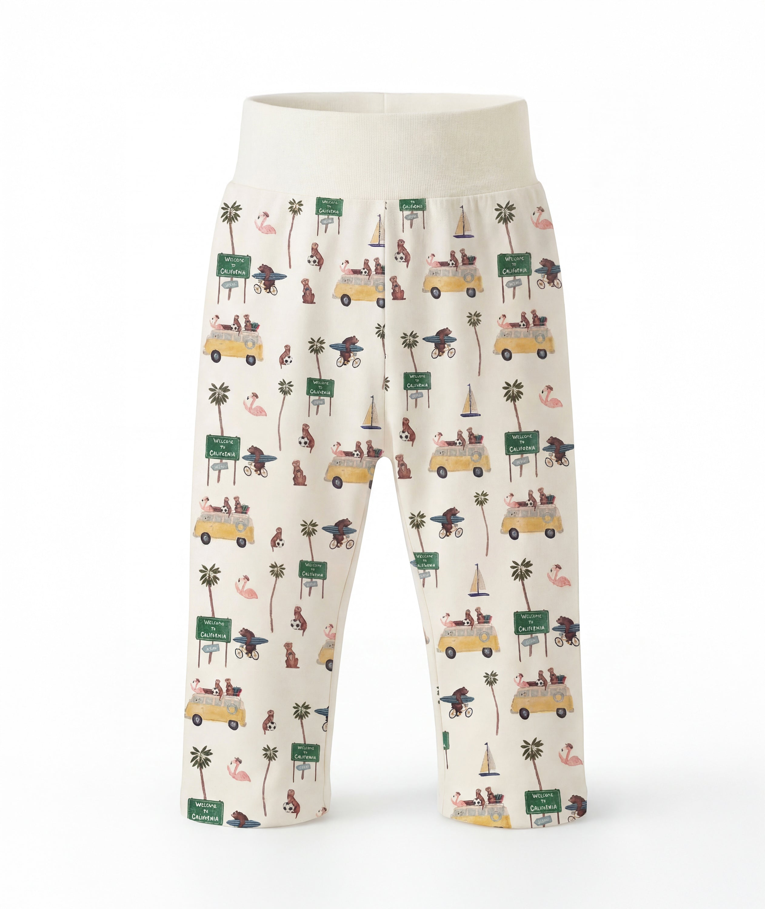 Pajama pants with a tropical pattern on a white background