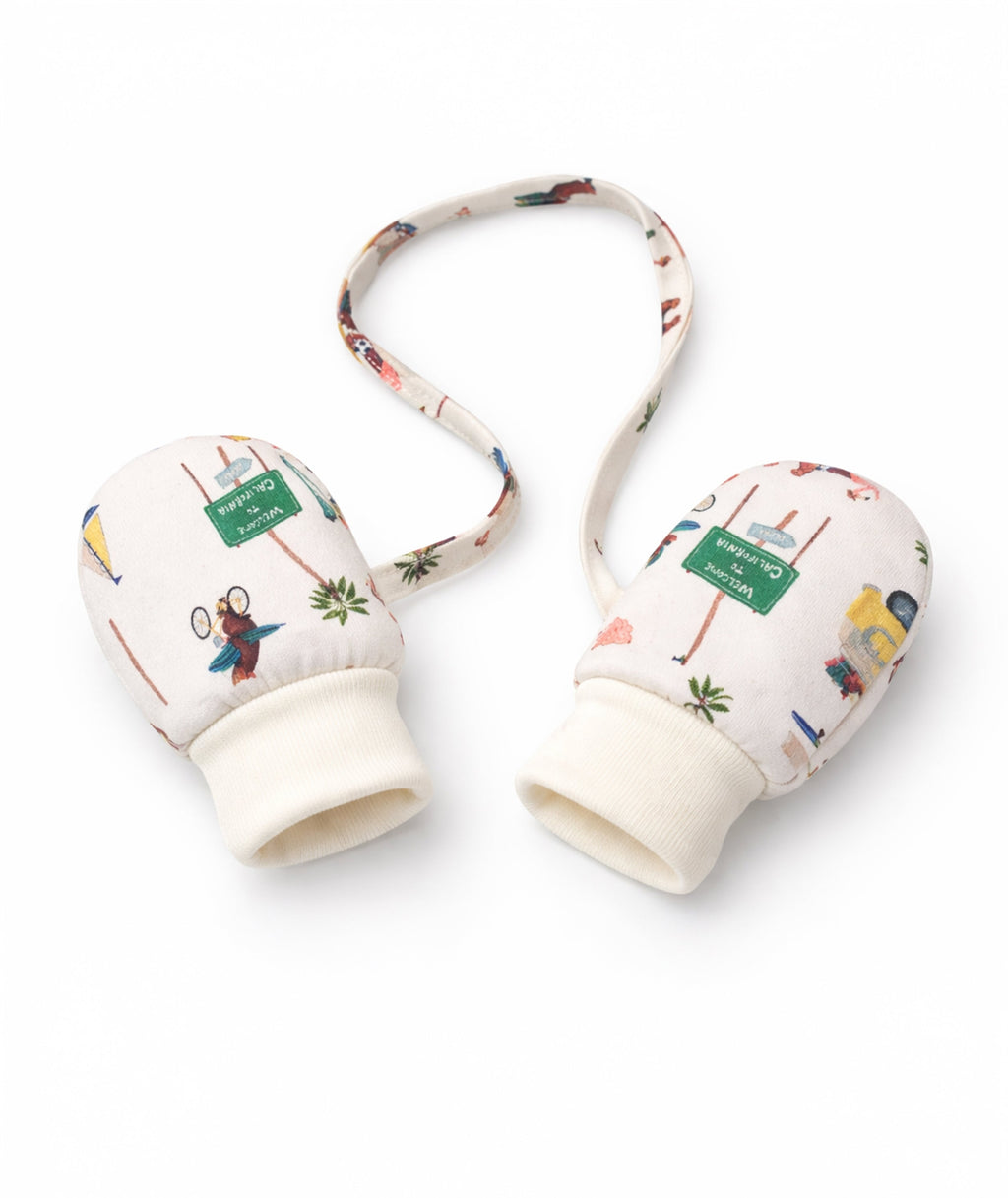 Pair of baby mittens with colorful pattern on a white background