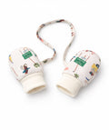 Pair of baby mittens with colorful pattern on a white background