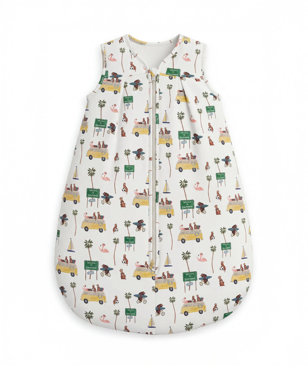Baby sleeping bag with vehicle and nature pattern on a white background