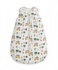 Baby sleeping bag with vehicle and nature pattern on a white background
