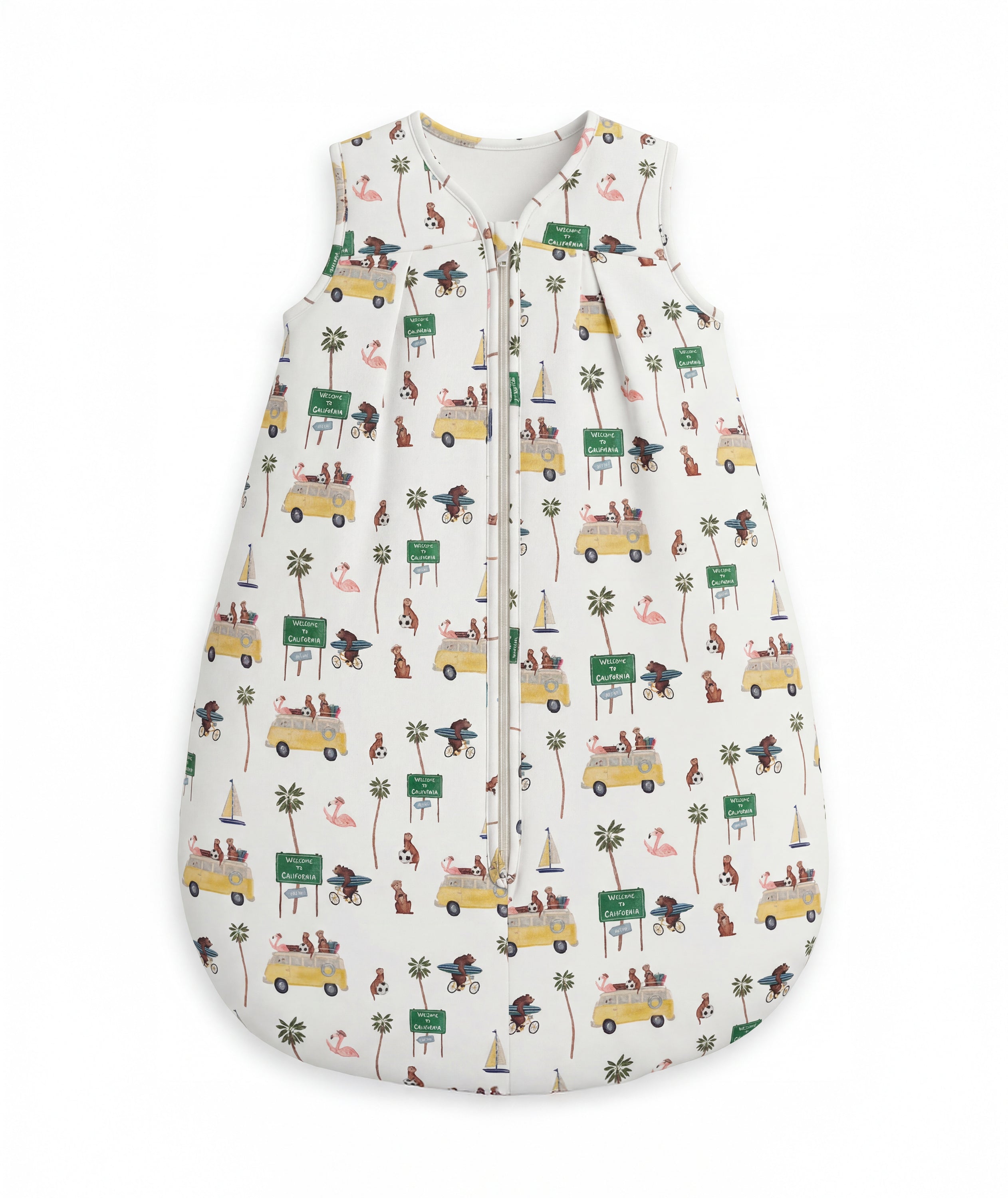Baby sleeping bag with vehicle and nature pattern on a white background