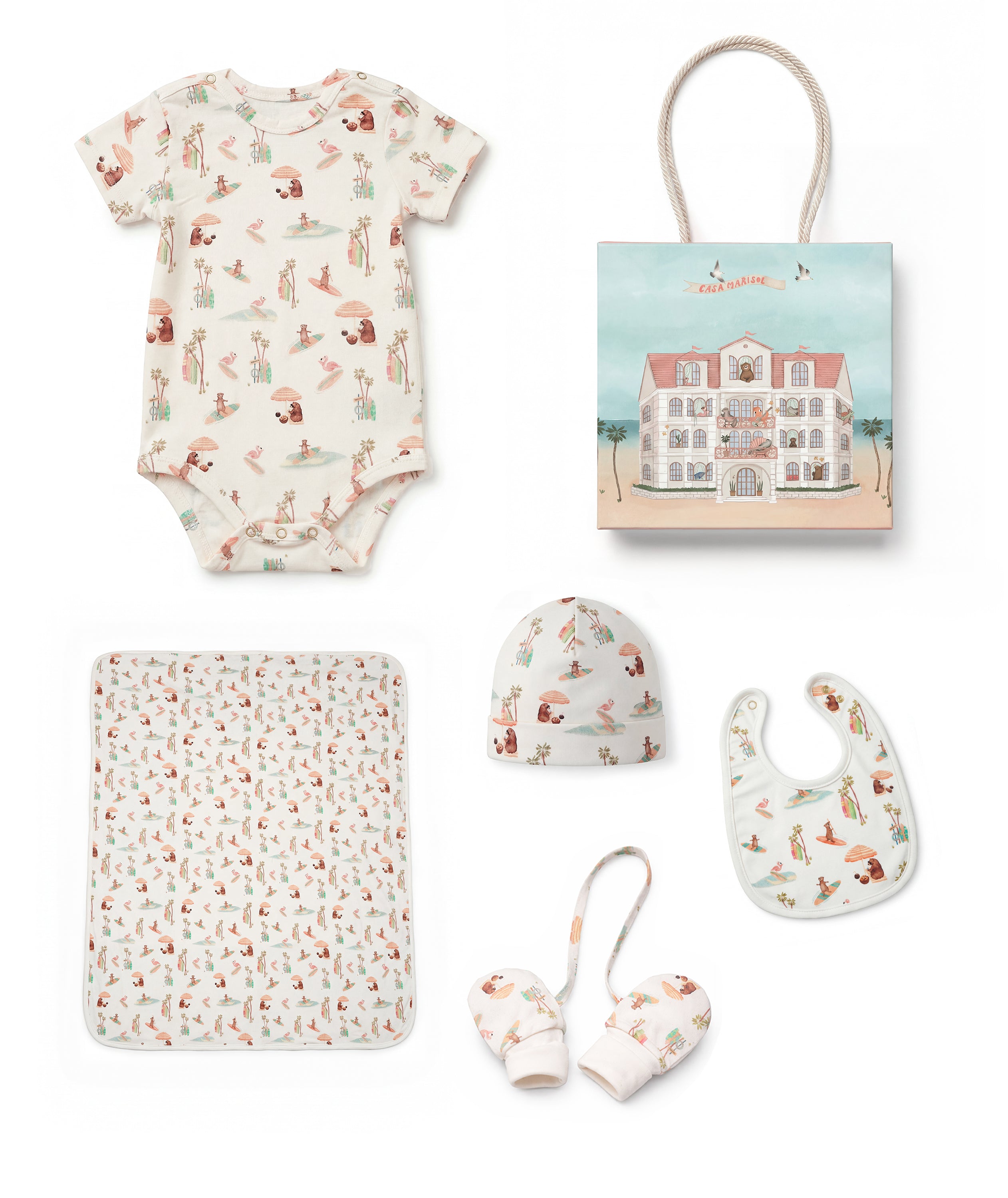 Baby clothing and accessories set with a onesie, hat, bib, and more on a white background.