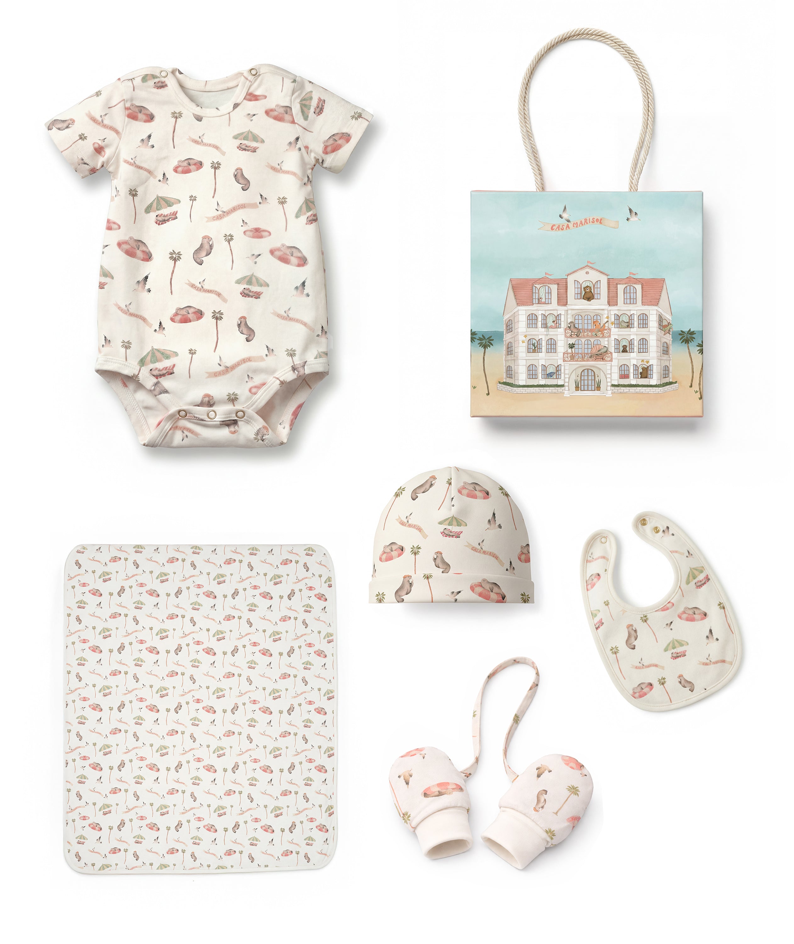 Collection of baby items including a onesie, hat, bib, and more on a white background