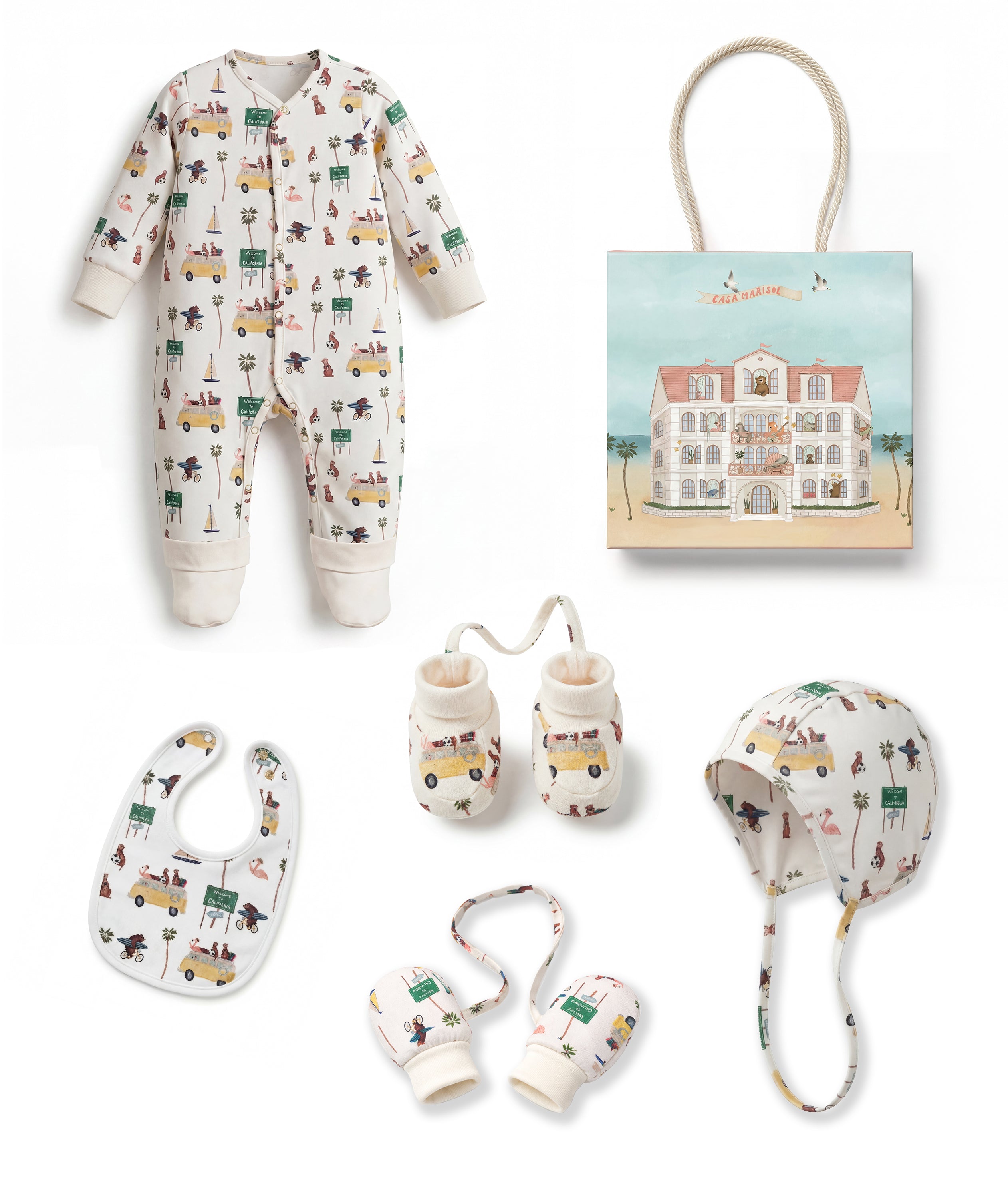 Baby clothing and accessories set with a patterned design on a white background