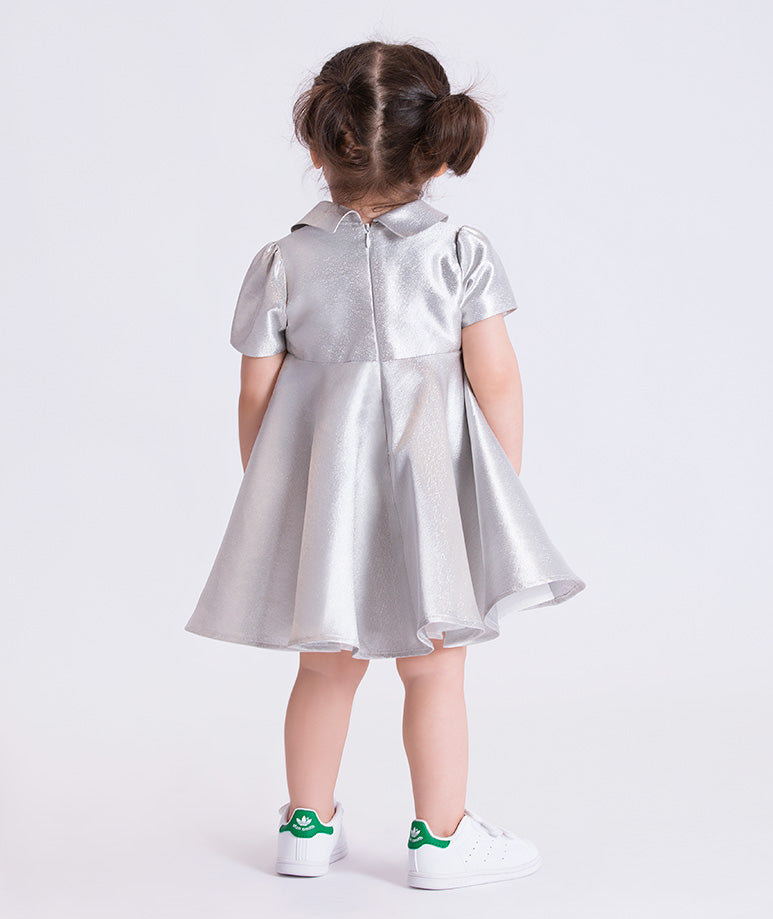 baby girl wearing a silver dress with a plain background